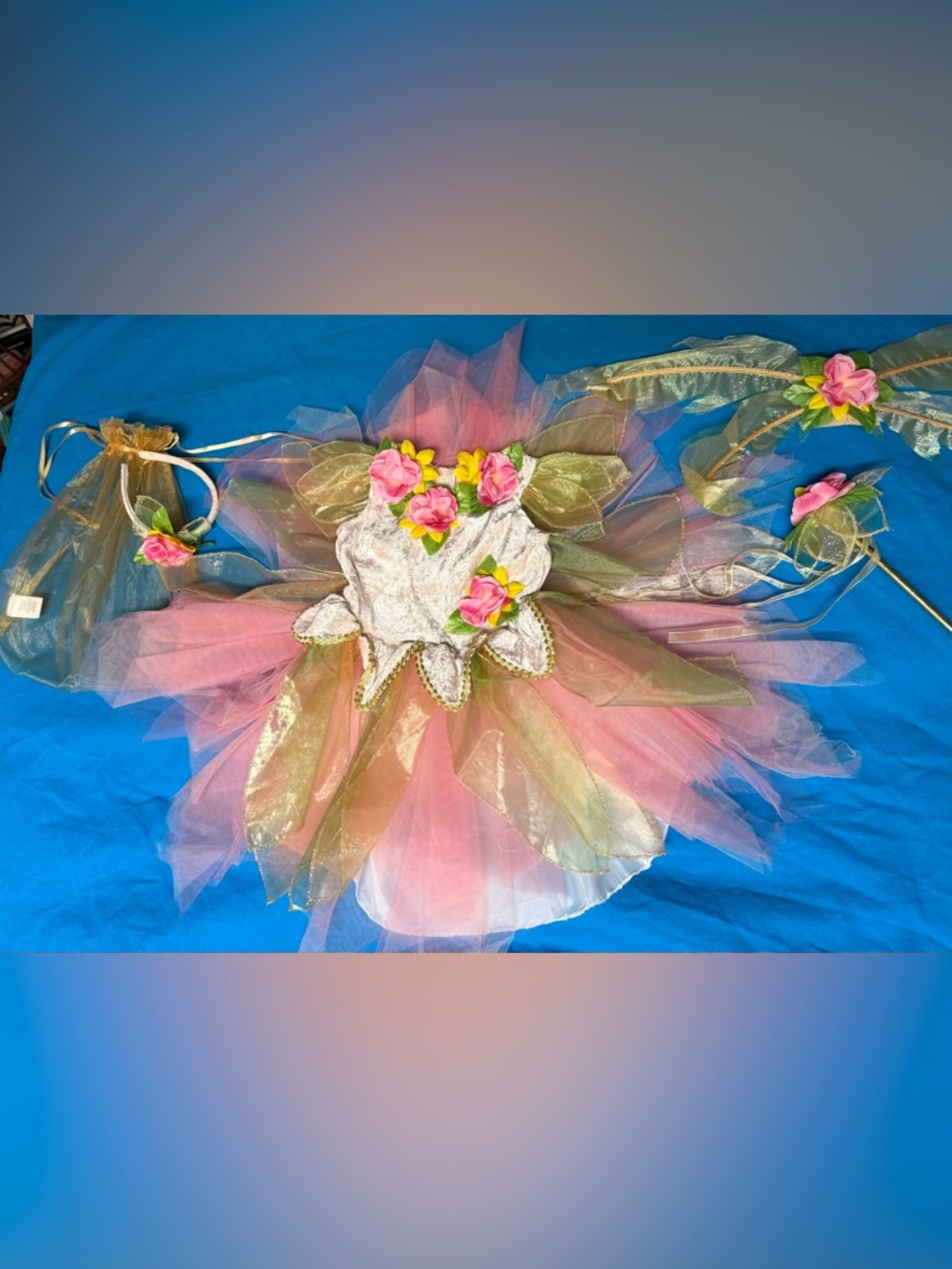 NWOT Fairy Dust Pink/Gold Floral Fairy Tutu Costume w/Wand, Headband , Wings